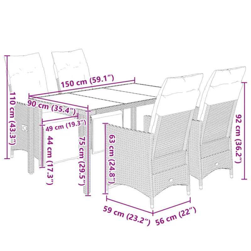 Sodo Bistro -setti pehmusteilla, 5-osaa, musta, rattan