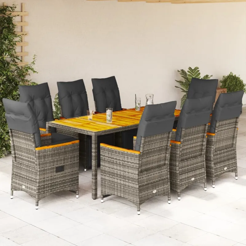 Bistro-Setti pehmusteilla, 9-os osat, harmaa, polyrattani