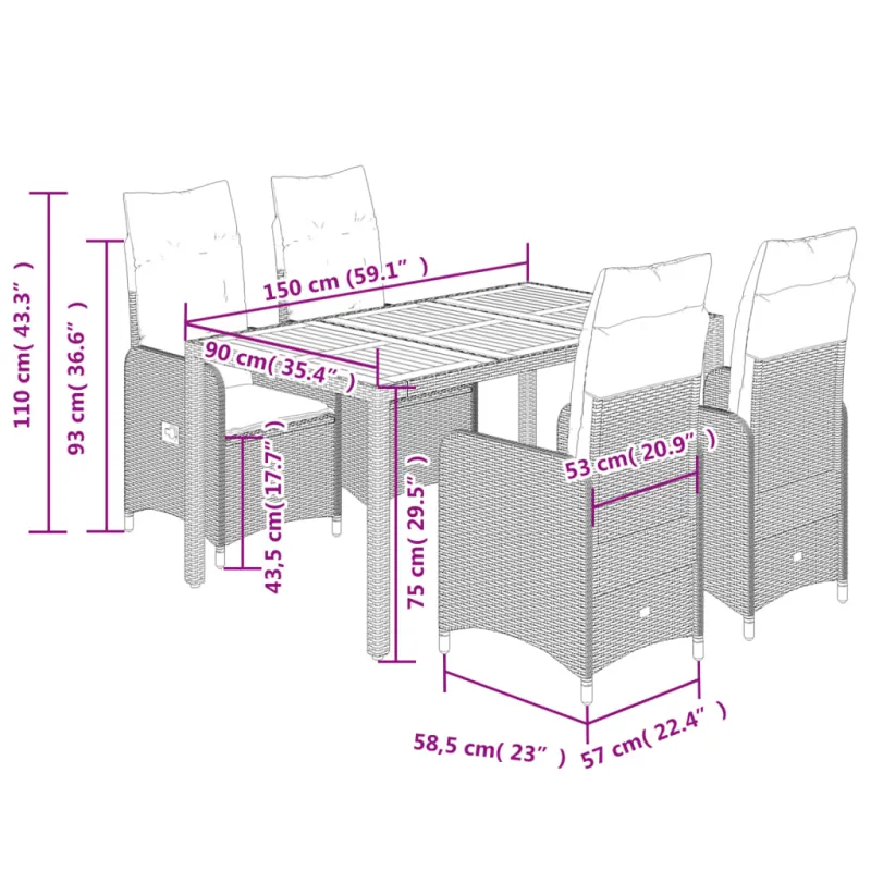 Sodo Bistro -setti pehmusteilla, 5-os osat, musta, rattan