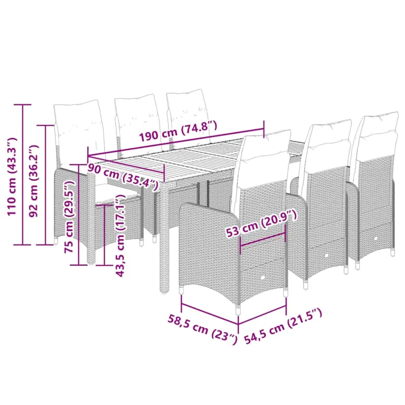 Sodo Bistro -setti, 7 osaa, tyynyt, musta, rattan