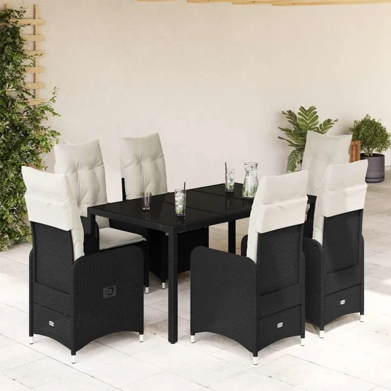 Sodo Bistro -setti pehmusteilla, 7-os osat, musta, rattan