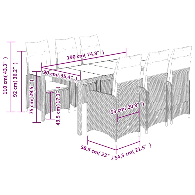 Sodo Bistro -setti pehmusteilla, 7-os osat, musta, rattan