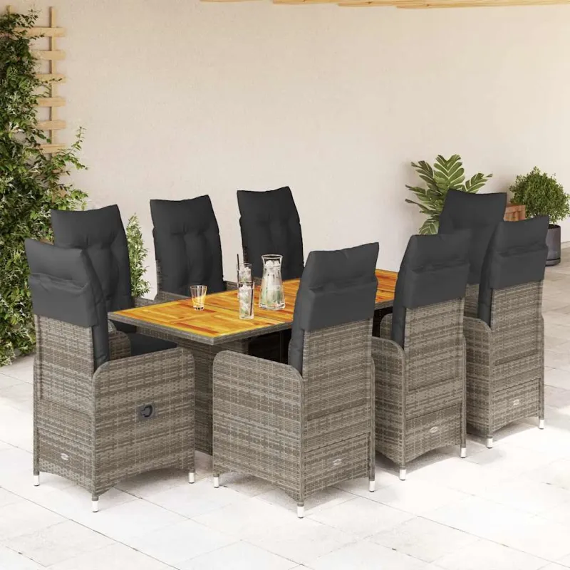 Bistro-Setti pehmusteilla, 9-os osat, harmaa, polyrattani
