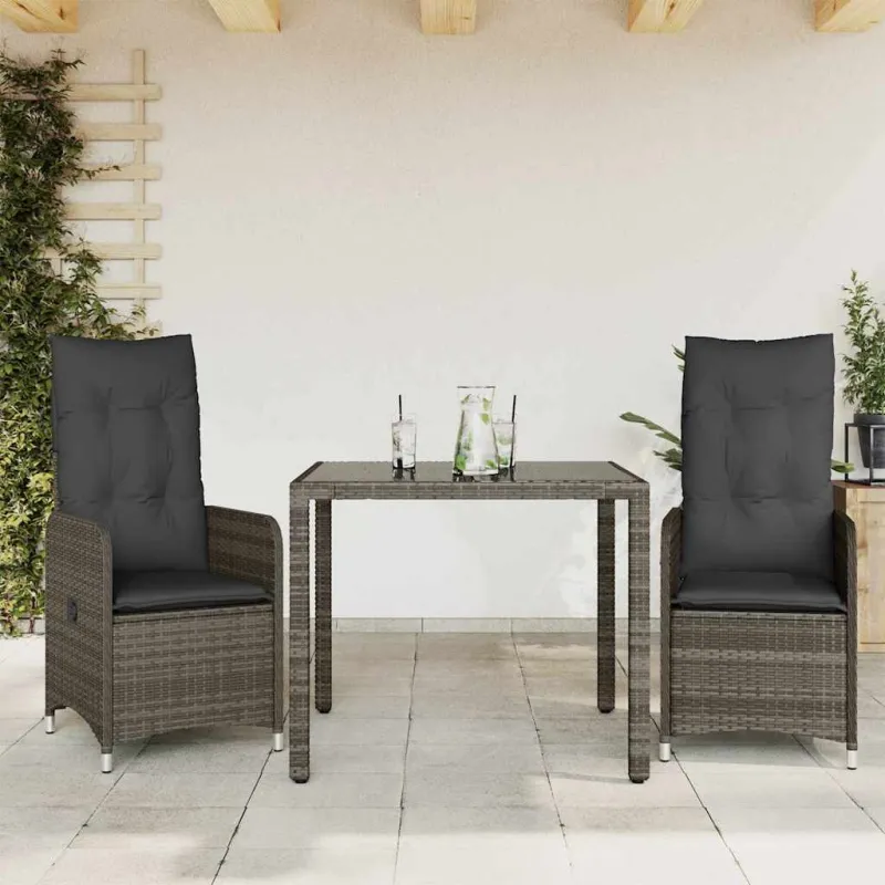 Bistro-Setti pehmusteilla, 3-os osat, harmaa, polyrattani