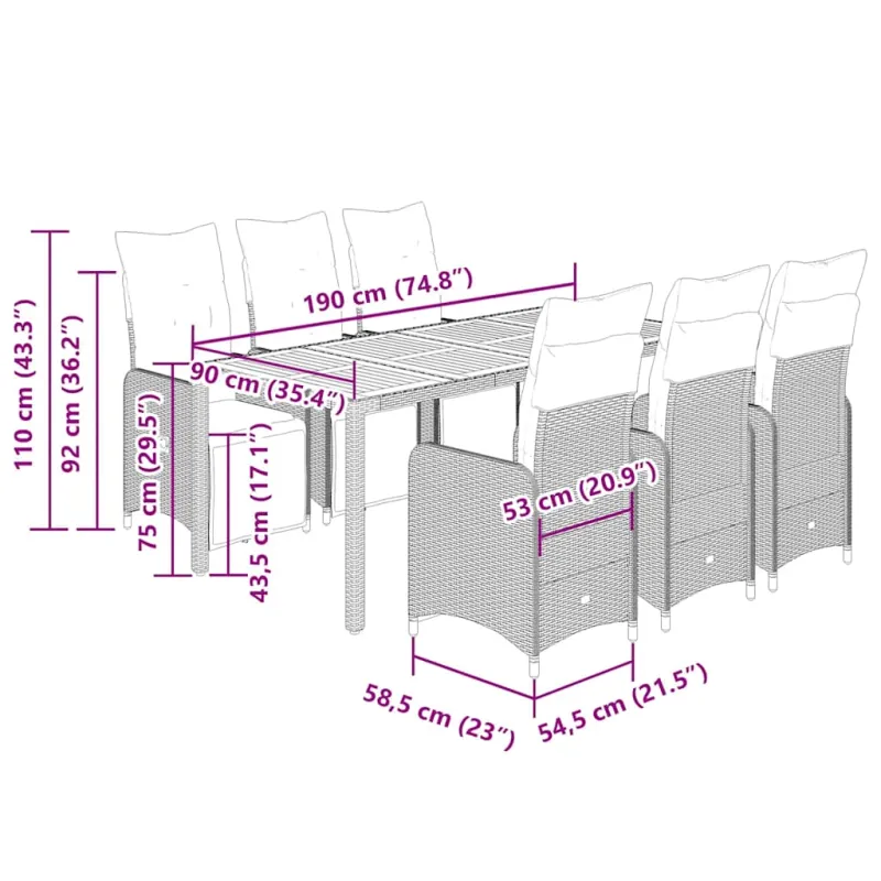Sodo Bistro -setti pehmusteilla, 7-os osat, musta, rattan