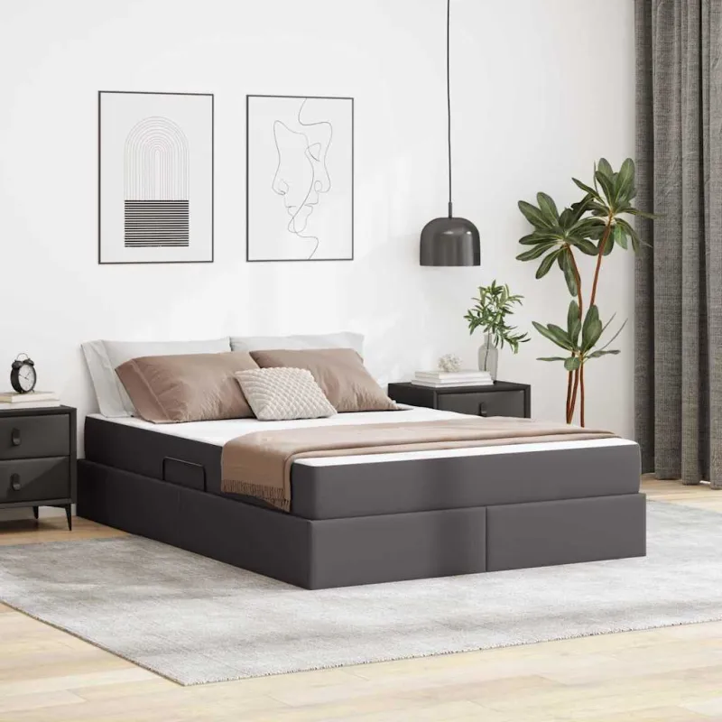 Lova su daiktų laikymo vieta ir čiužiniu 2 pcs Pilka Oda