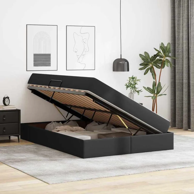 Lova su daiktų laikymo vieta ir čiužiniu 2 pcs Juoda Oda