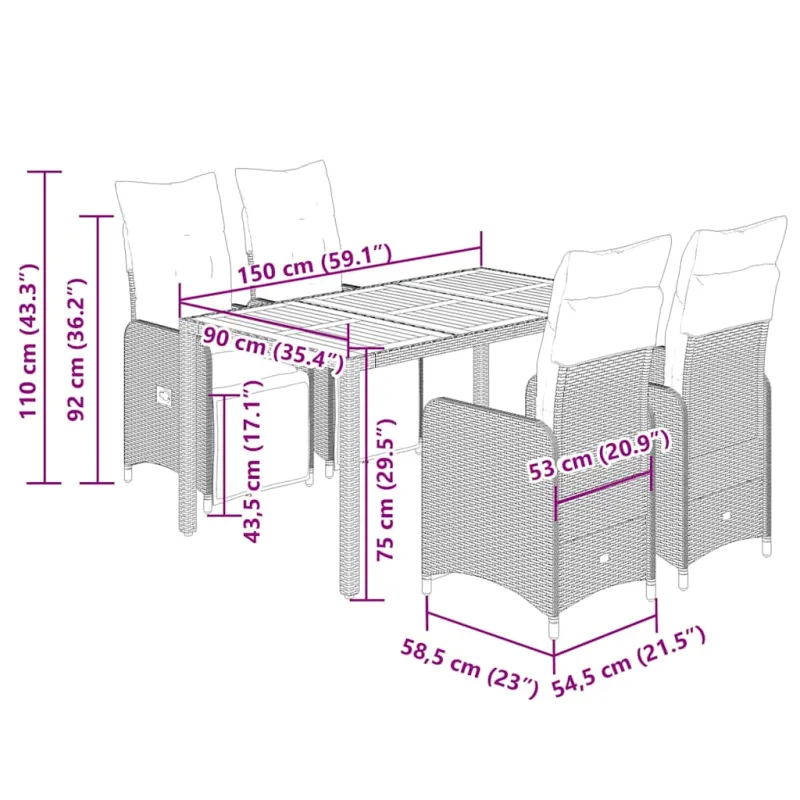 Sodo Bistro -setti pehmusteilla, 5-os osat, musta, rattan