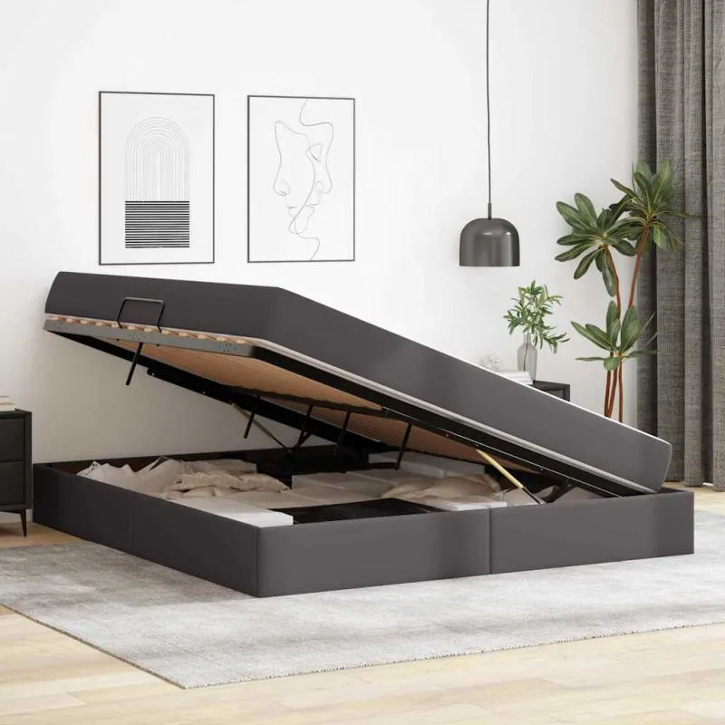 Lova su daiktų laikymo vieta ir čiužiniu 2 pcs Pilka Oda