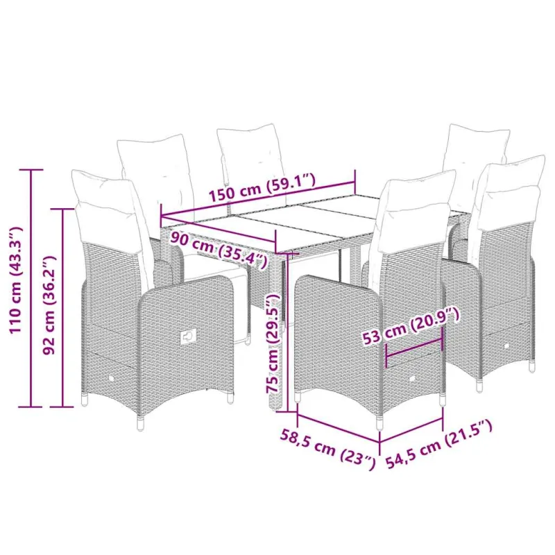 Sodo Bistro -setti pehmusteilla, 7-os osat, musta, rattan