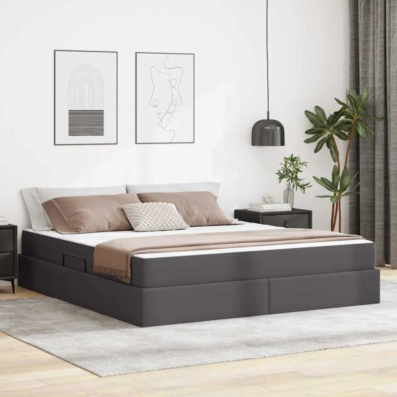Lova su daiktų laikymo vieta ir čiužiniu 2 pcs Pilka Oda