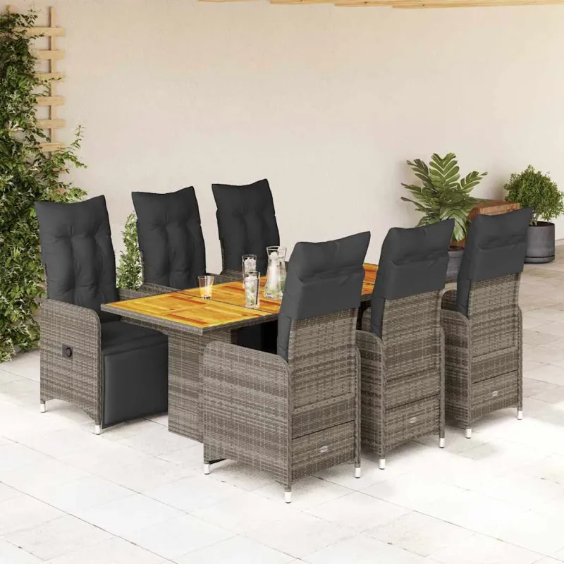 Bistro-Setti pehmusteilla, 7-os osia, harmaa, polyrattaniâ