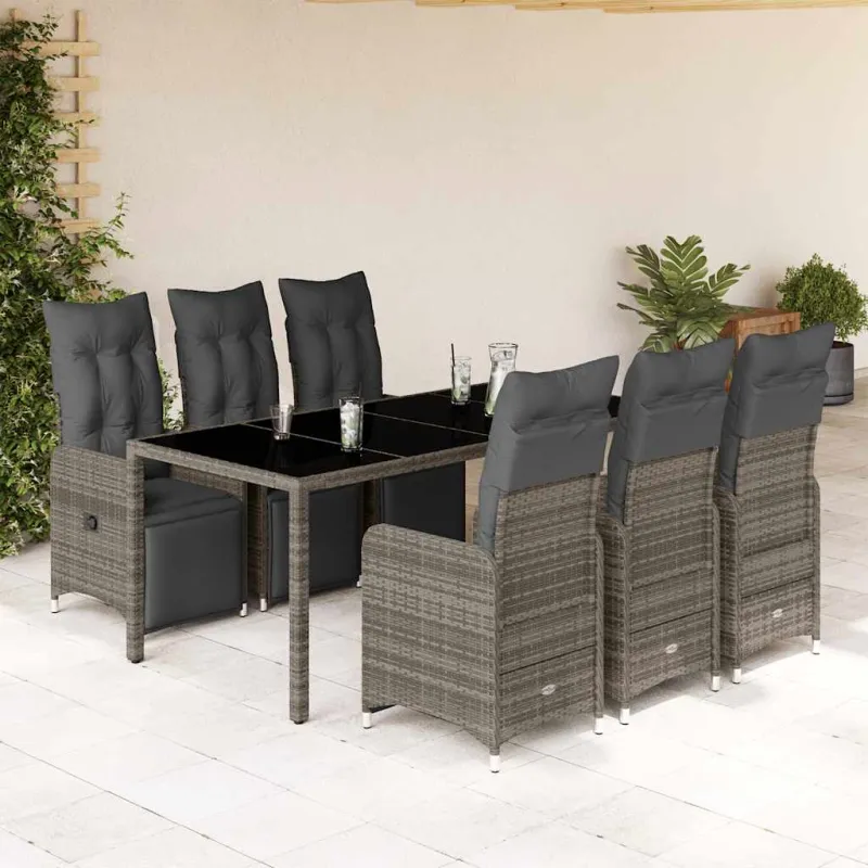 Bistro-Setti pehmusteilla, 7-os osia, harmaa, polyrattani