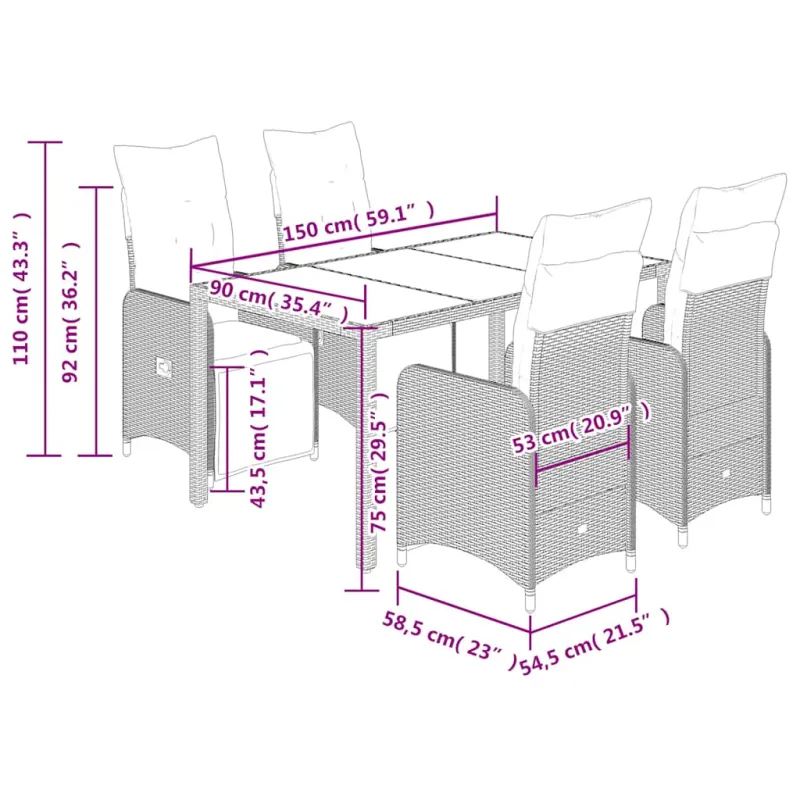 Bistro-Setti pehmusteilla, 5-osaa, ruskea, polyrattani