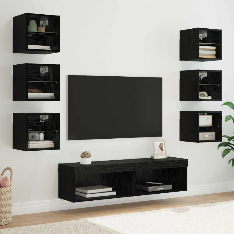 Televizoriaus spintelė su stalčių 8 pcs Juodas ąžuolas Stiklas