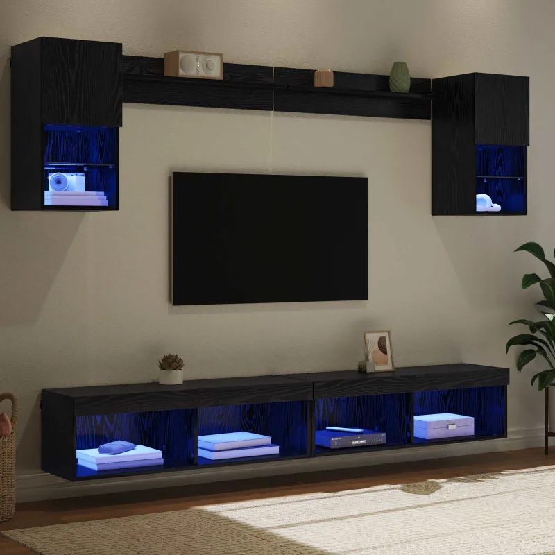 Televizorių sieniniai baldai su LED su LED 6 pcs Juodas ąžuolas