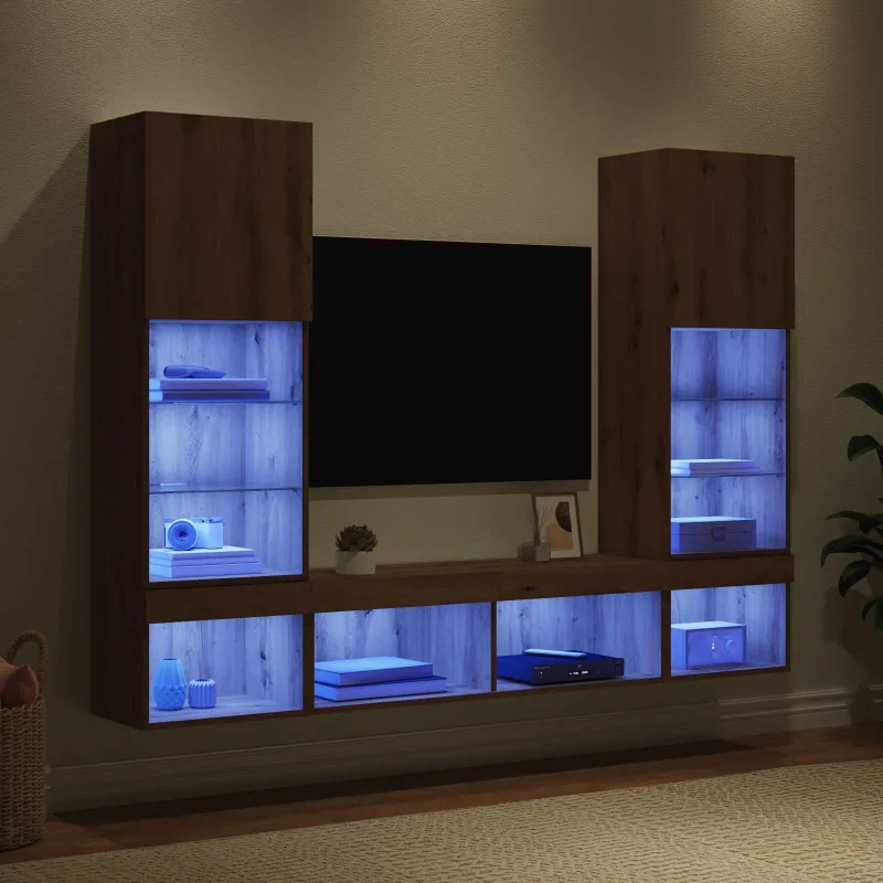 Televizorių sieniniai baldai su LED 5 pcs Amatininkų ąžuolas