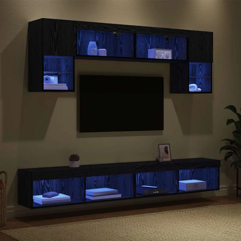 Televizorių sieniniai baldai su LED 6 pcs Juodas ąžuolas