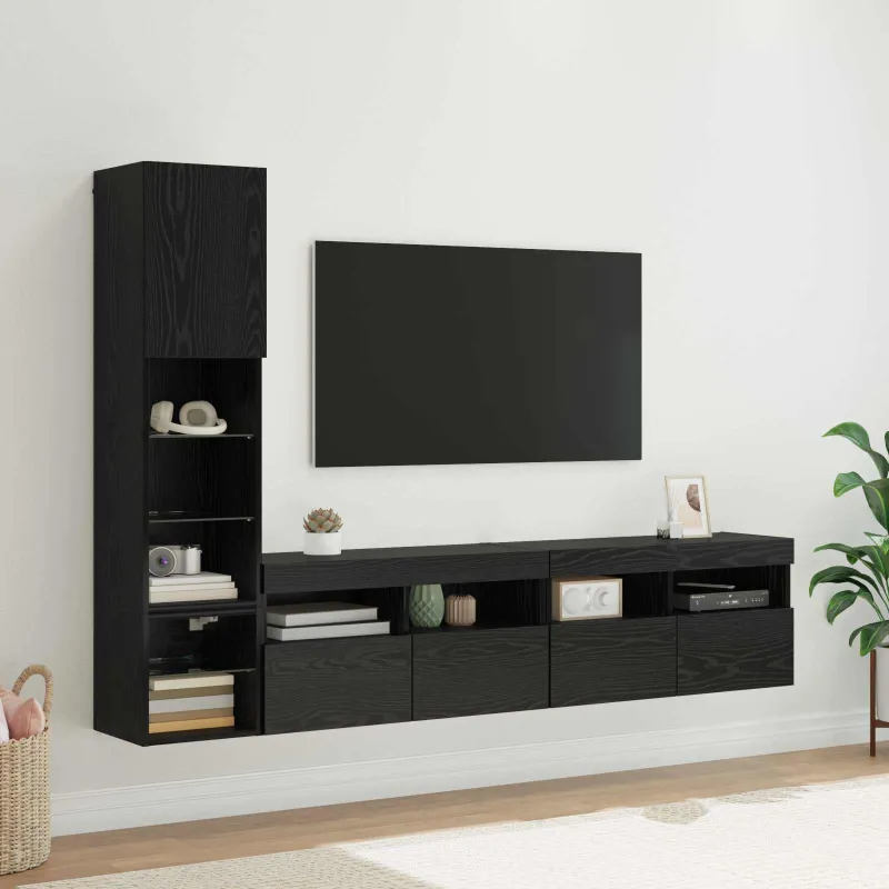 Televizoriaus sieninis modulis su LED 4 pcs Juodas ąžuolas