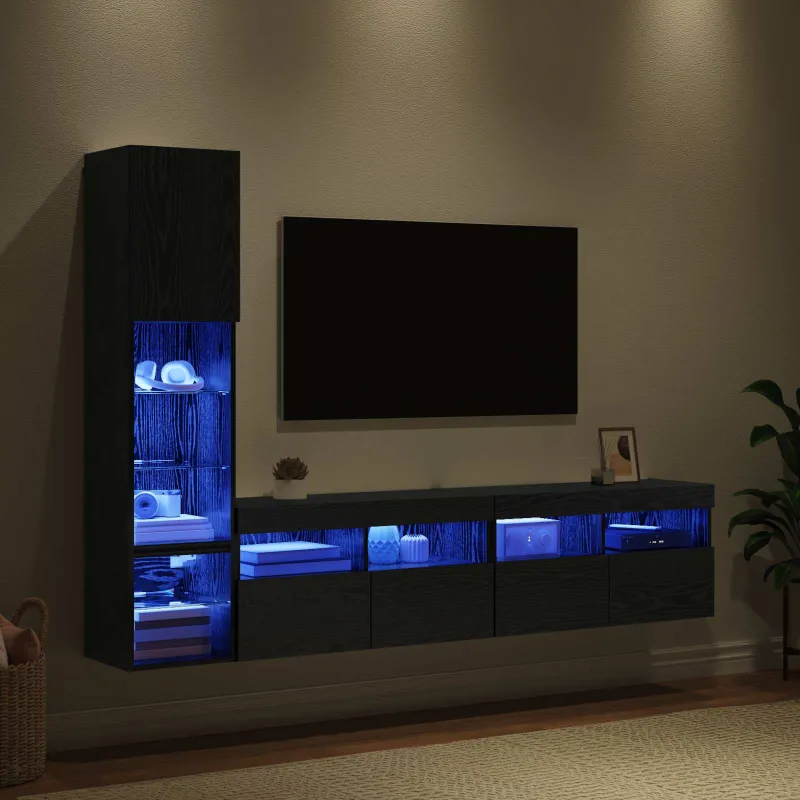 Televizoriaus sieninis modulis su LED 4 pcs Juodas ąžuolas
