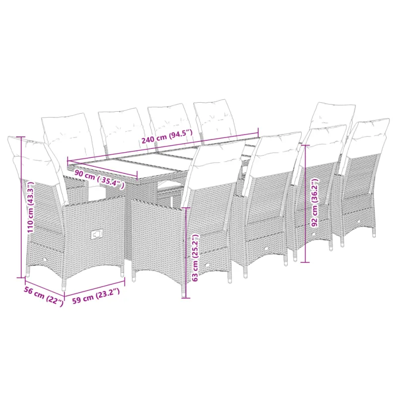 Bistro-Setti pehmusteilla, 11 osaa, harmaa, polyrattaniâ