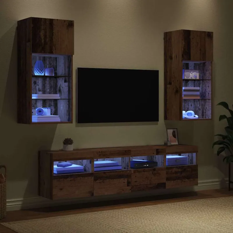 Televizorių sieniniai baldai su LED 5 pcs Senovinis medis