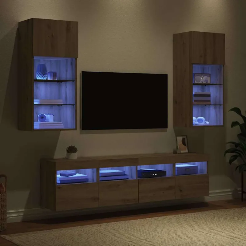 Televizorių sieniniai baldai su LED 5 pcs Amatininkų ąžuolas