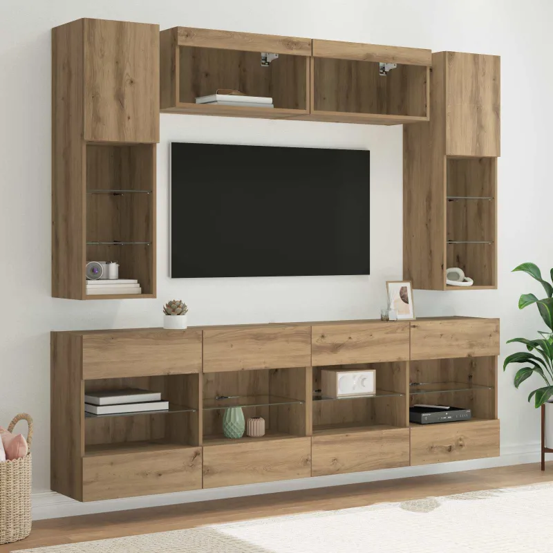 TV sieninio kabineto komplektas su LED 6 pcs Amatinė Ąžuolas