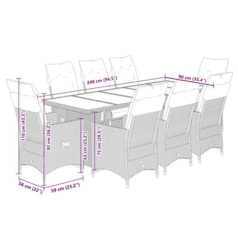 Bistro-Setti pehmusteilla, 9-os osat, harmaa, polyrattani