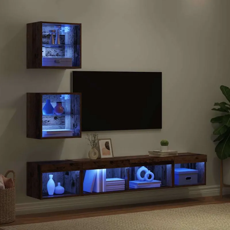 Televizorių sieniniai baldai su LED su LED 5 pcs Sena mediena