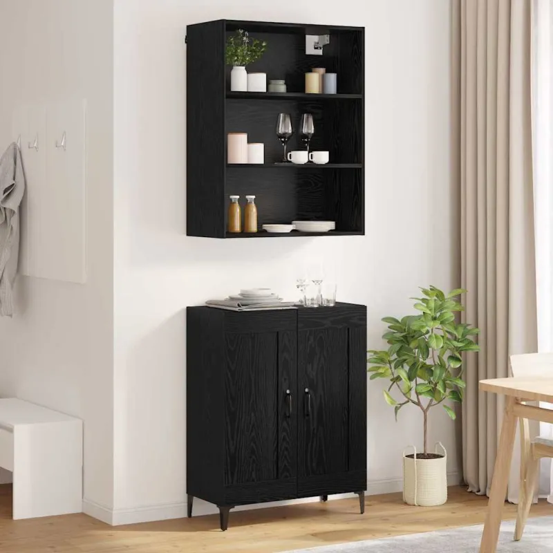 Aukštas spintelė 2 pcs juoda ąžuolo Apdirbta mediena