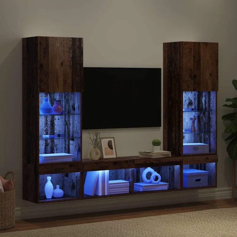 Televizorių sieniniai baldai su LED su LED 5 pcs Sena mediena