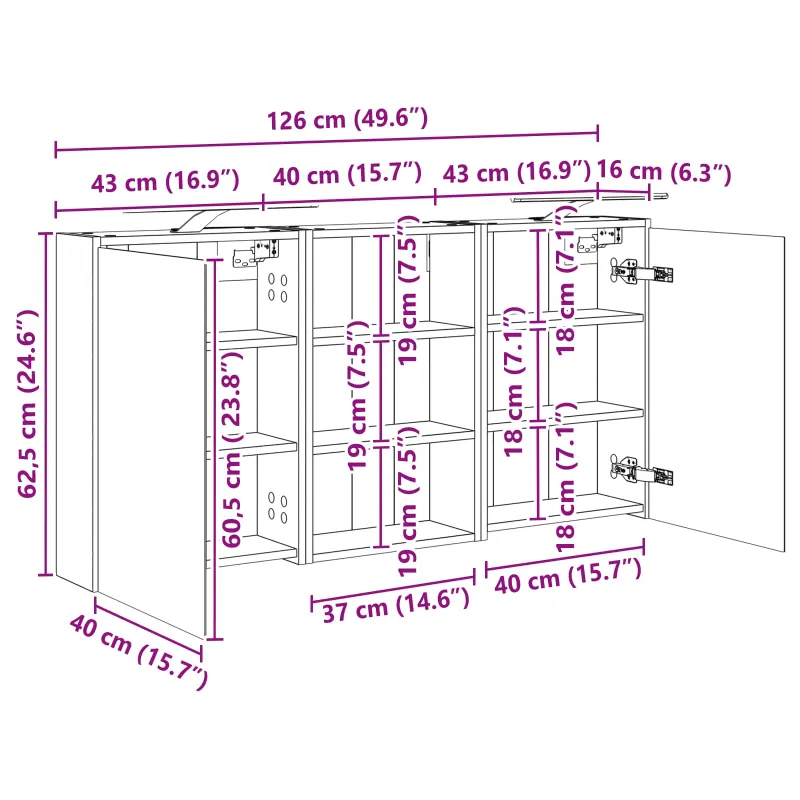 Vonios spintos komplektas su lentyna 3 pcs 126 x 16 x 62.5 cm