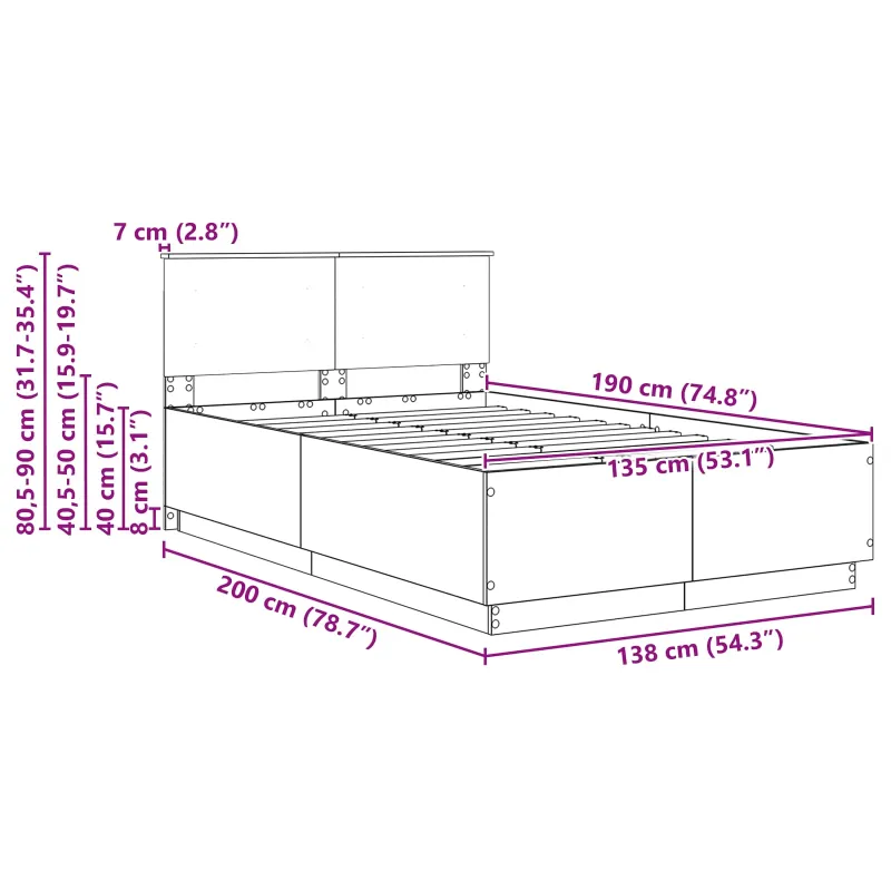Lovos rėmas Pilka sonoma ąžuolo 135 x 190 cm Apdirbta mediena