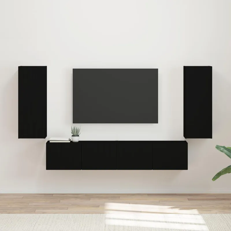 TV sieninio kabineto komplektas 4 pcs Juoda Apdirbta mediena