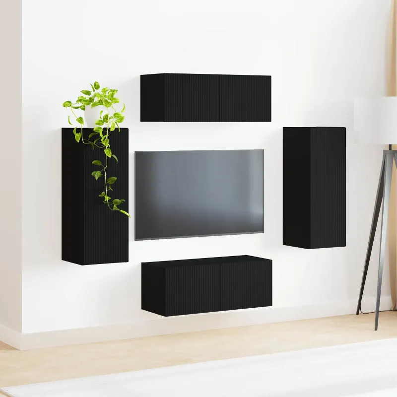 TV sieninio kabineto komplektas 4 pcs Juoda Apdirbta mediena
