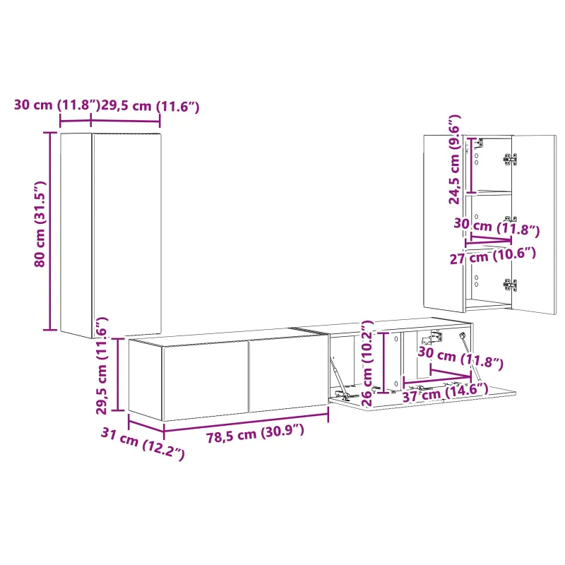 TV sieninio kabineto komplektas 4 pcs Sonoma ąžuolas