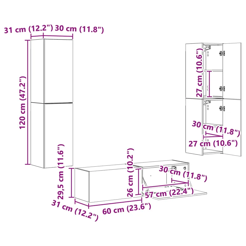 TV spintelių komplektas 6 pcs Betono pilka Apdirbta mediena