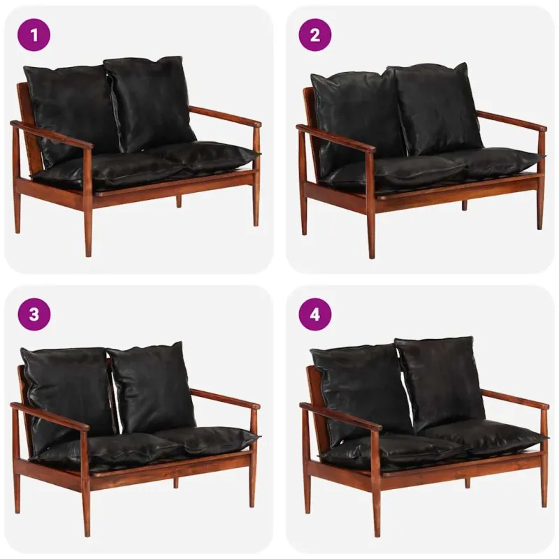 Dvivietė sofa, juodos spalvos, tikra oda ir akacijos masyvas