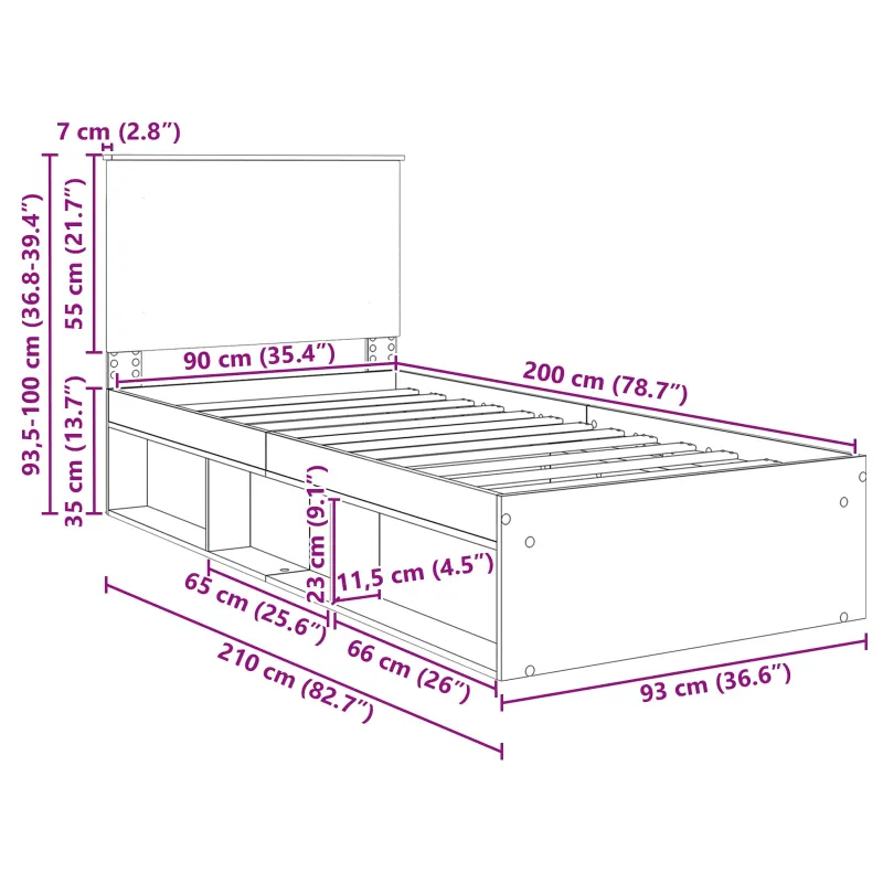 Lovos rėmas Rūkyta ąžuolas 90 x 200 cm Kietos pušies mediena