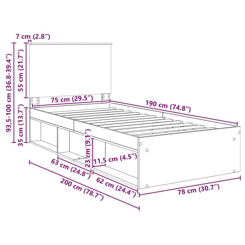 Lovos rėmas Juoda 75 x 190 cm Kietos pušies mediena