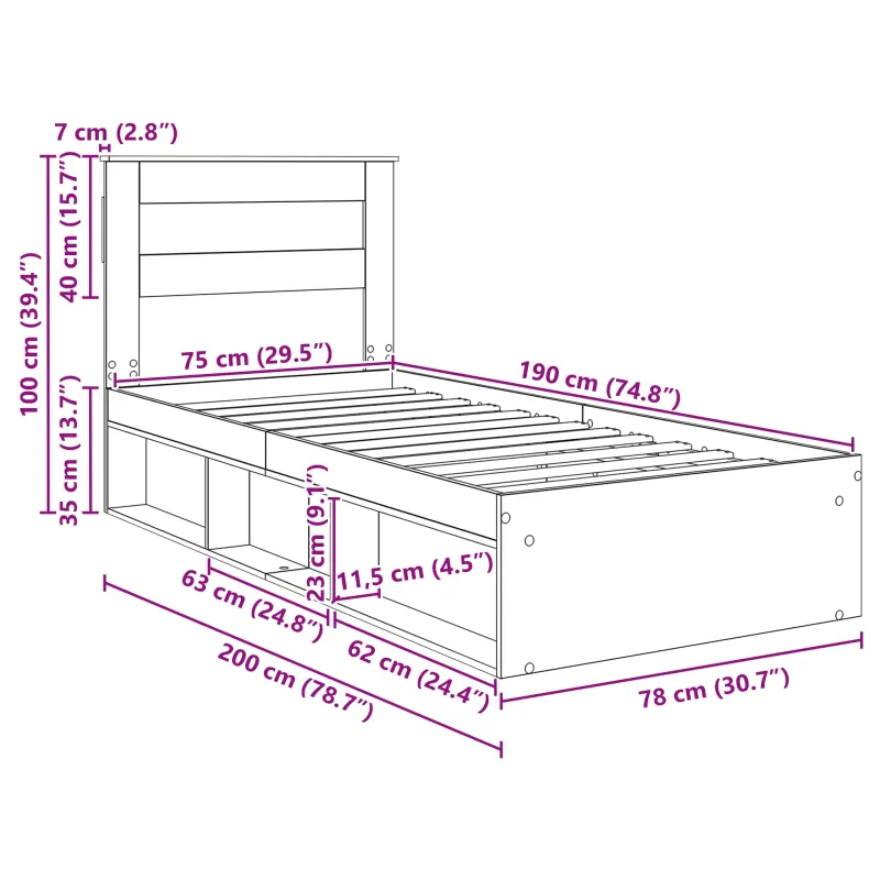 Lovos rėmas su saugykla Balta 75 x 190 cm Kietos pušies mediena