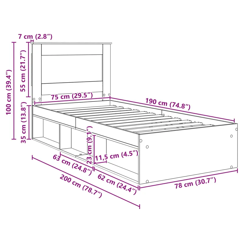 Lovos rėmas Balta 75 x 190 cm Kietos pušies mediena