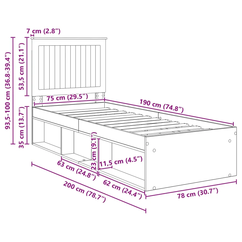 Lovos rėmas Rudas ąžuolas 75 x 190 cm Kietos pušies mediena