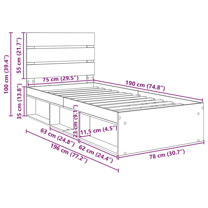 Lovos rėmas Sonoma ąžuolas 75 x 190 cm Kietos pušies mediena