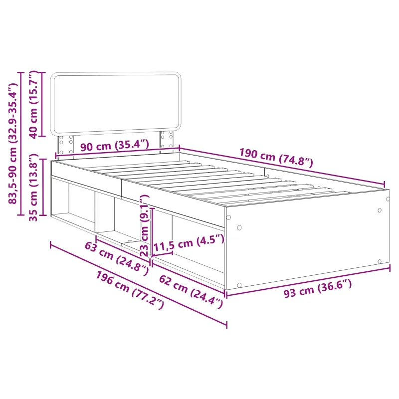Lovos rėmas Juoda 90 x 190 cm Kietos pušies mediena