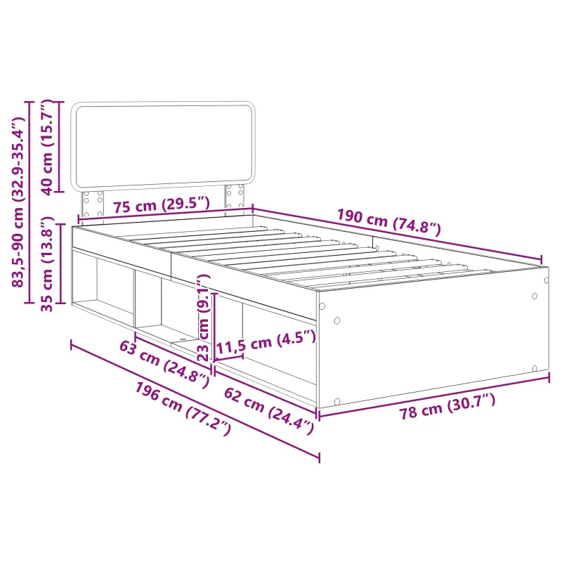 Lovos rėmas Rūkyta ąžuolas 75 x 190 cm Kietos pušies mediena