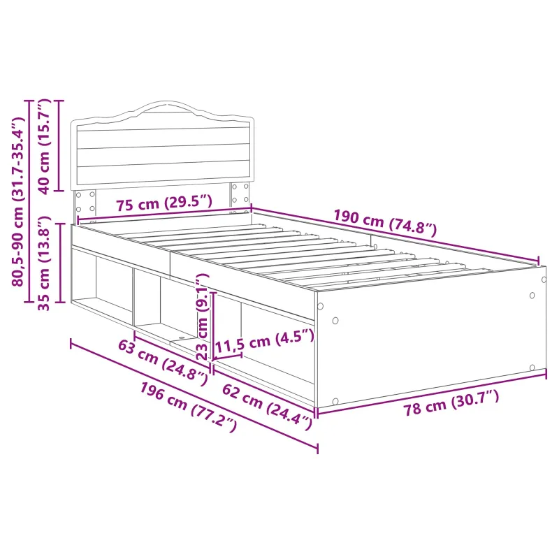Lovos rėmas Pilkas Sonoma 75 x 190 cm Kietos pušies mediena