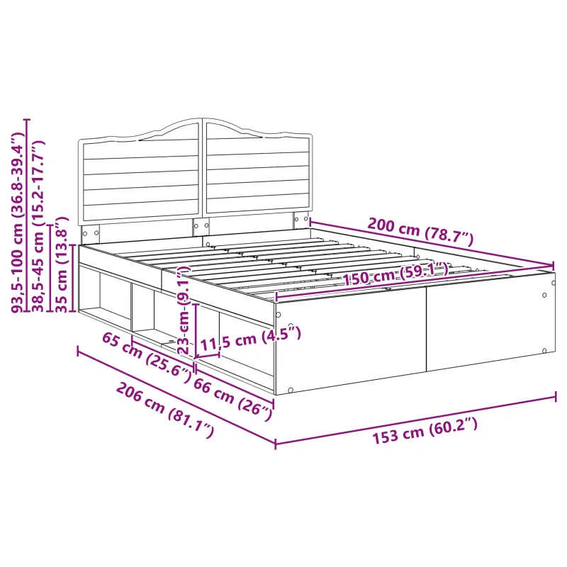 Lovos rėmas Betono pilka 150 x 200 cm Kietos pušies mediena