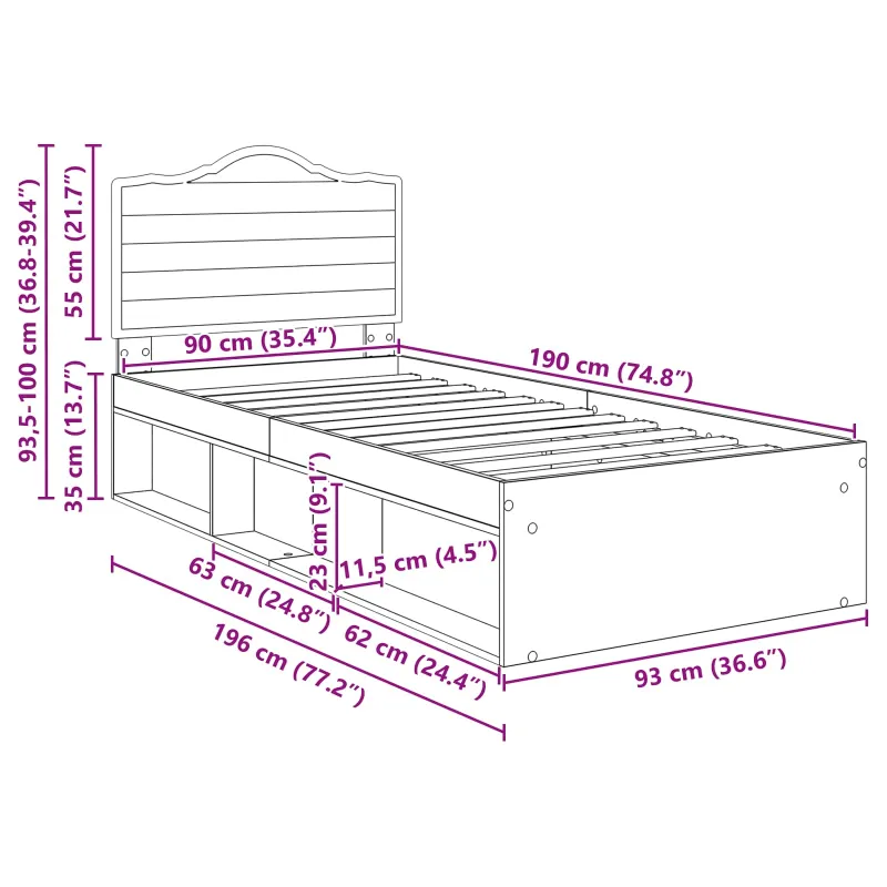 Lovos rėmas Juoda 90 x 190 cm Kietos pušies mediena